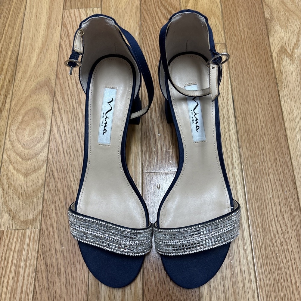 Nina Elenora Women's Embellished‎ Sandal Block Heel Navy 7.5